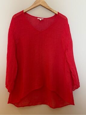 Eileen Fisher Womens V-Neck Semi-Sheer Linen Top Blouse medium Red L